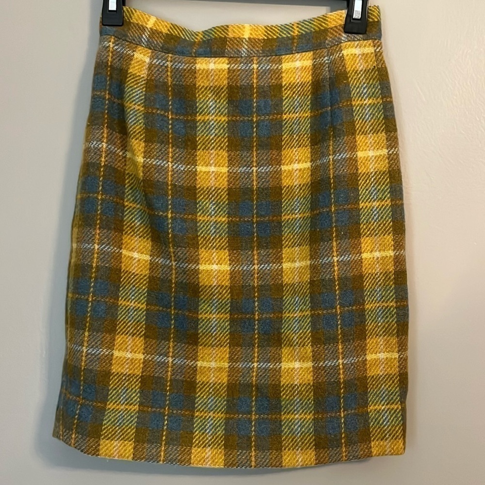 Vintage Valentino MissV 100% Lana Wool Yellow and Blue Plaid Midi Skirt Size 6
